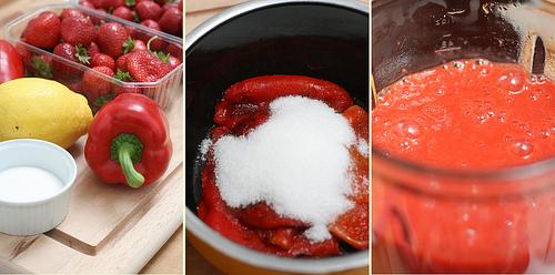 Préparation soupe fraises & poivron