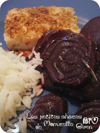 Betteraves confites au balsamique et cabillaud pané au gomasio Betteraves confites au balsamique et cabillaud pané au gomasio