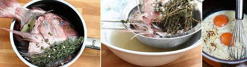 Cocotte de pommes-de-terre au safran & à la coriandre, filets de pagre grillés Sauce au fumet de poisson & au safran