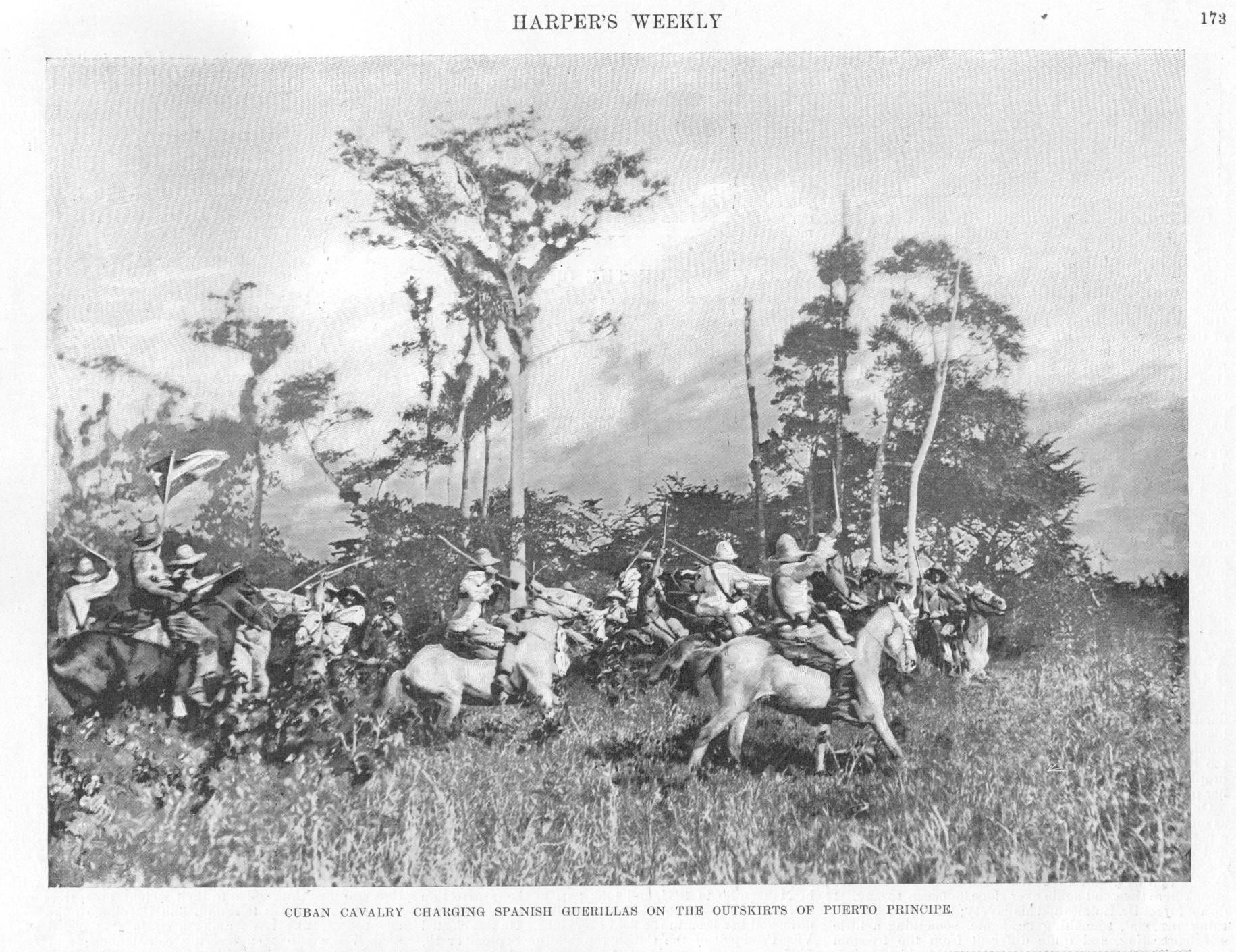CUBAN CAVALRY CHARGING SPANISH GUERILLAS ON THE OUTSKIRTS OF PUERTO PRINCIPE.