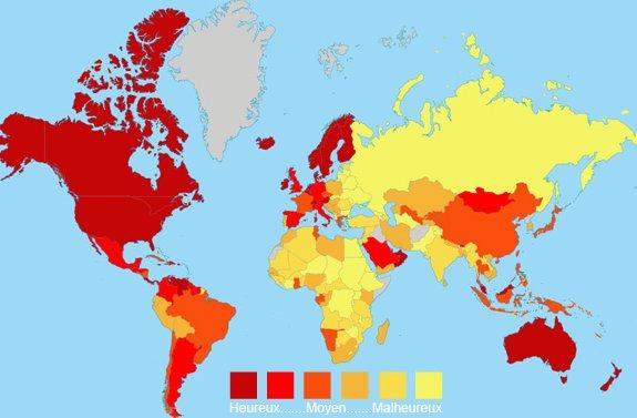 Cartes des pays selon les Indices de Développement et de Bonheur. Irlande, Norvège, Pays-Bas, Suède, Suisse = les 5 Pays les plus