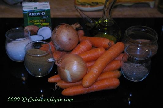 Les ingrédients de la soupe de carotte au lait de coco