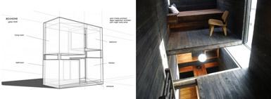 Plan et intérieur de la Boxhome, maison miniature © S. Rintala / D. Eggertsson Architecture.