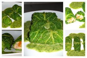 Nems de choux vert au saumon et petits légumes