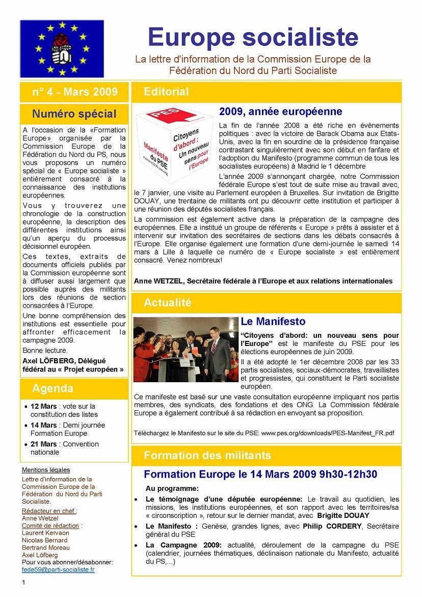La lettre d’information de la Commission Europe de la fédération du Nord du Parti Socialiste