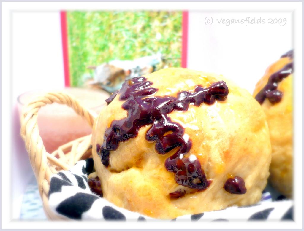 Vegan Chocolate & Sultanas Hot Cross Buns / Briochettes anglaises aux épices (vegan) Vegan Chocolate & Sultanas Hot Cross Buns / Briochettes anglaises aux épices (vegan)