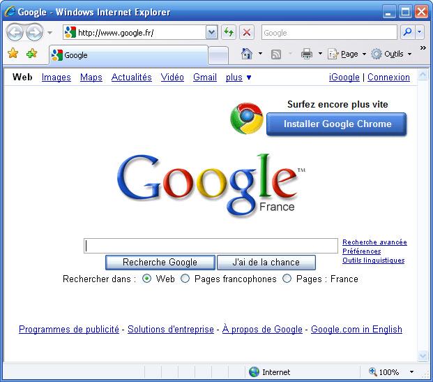 Chrome fait sa pub sur Google