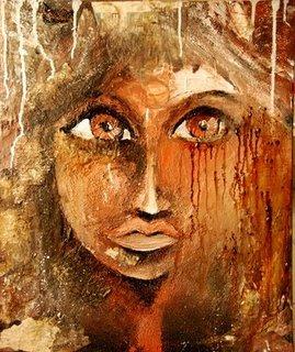 une peinture très matiérée un visage de femme aux larmes de café ! cette peinture a été réalisées par une illustratrice plasticienne peintre
