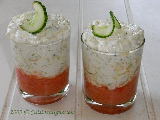 Menu pour les grands et les petits Crème de concombre féta sur mousse de tomates