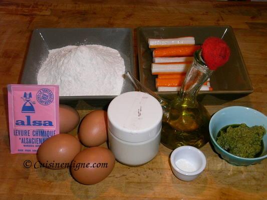 Les ingrédients du cake salé au pesto et au surimi