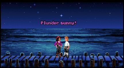 Elaine and Guybrush PLUNDER BUNNY on dock classic.JPG