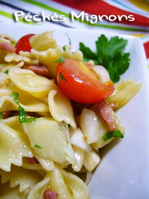 Pâtes chaudes aux artichauts sauce vinaigrette Pâtes, Tomates, Herbes, Artichauts, Lardons, Facile, Rapide,