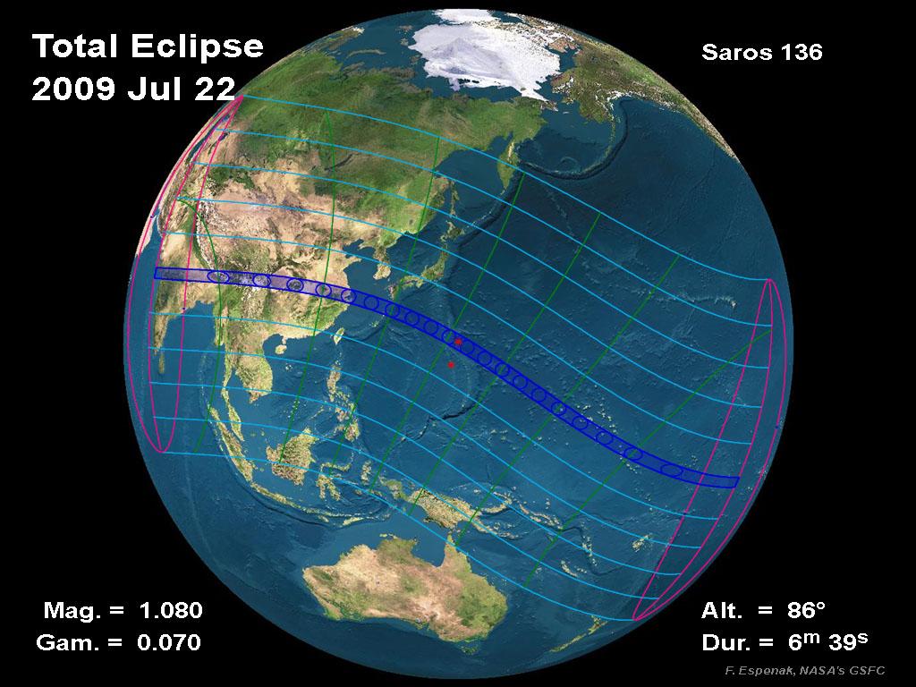 Zone de visiblité de léclipse totale du Soleil du 22 juillet 2009