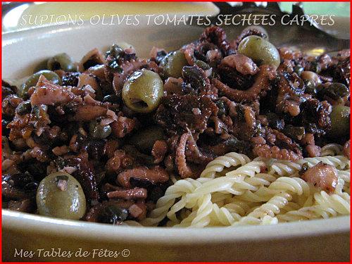 Soupions tomates séchées olives capres et spaghettis rigolos