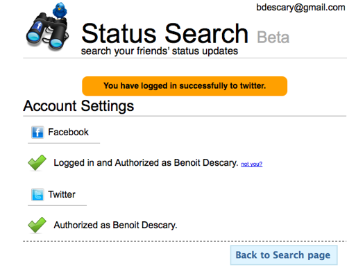 status search 1 Status Search: recherche dans les mises à jour de statuts de Facebook et Twitter