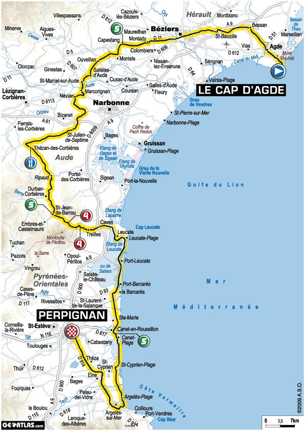 Tour de France 2009 : 5ème étape Le Cap d'Agde - Perpignan (le parcours)