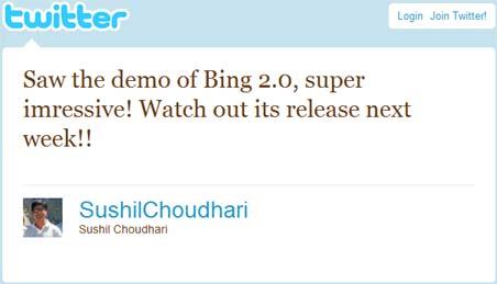 Bing 2.0 : Sushil Choudhari sur Twitter