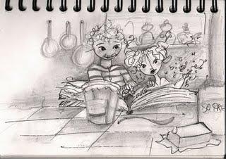 une illustration d'une petite fille avec sa mamie en train de feuilleter un livre de recette, par l'illustratrice laure phelipon