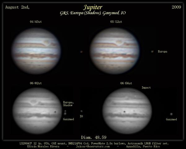 Jupiter, Europe (ombre), Io, Ganymède, Impact