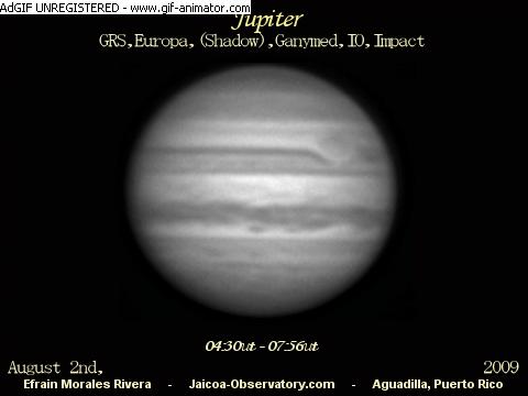 Jupiter, Europe (ombre), Io, Ganymède, Impact