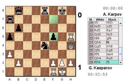 La position finale de la seconde partie : Kasparov 1-0 Karpov