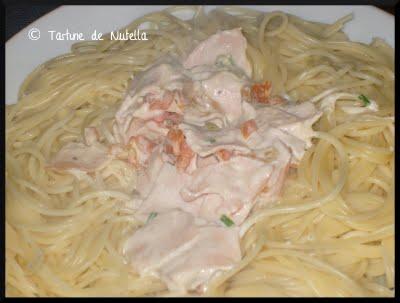 Spaghettinis au jambon et lamelles de poivron rouge