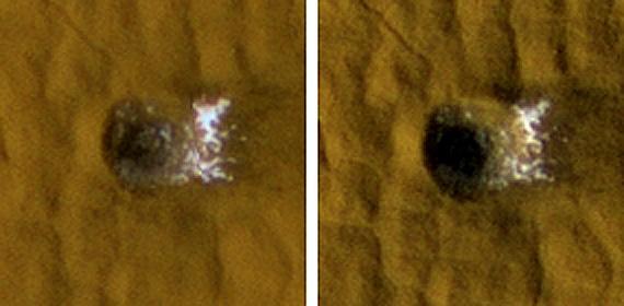 Twelve-Meter-Wide Crater Excavates Ice on Mars Glaces apparue dans un cratère récent