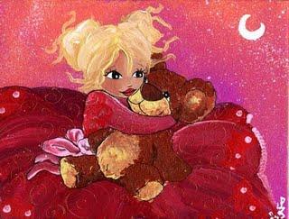 illustration petite princesse fée qui tient son nounours dans ses bras sur fond rose lune et étoile illustratrice laure phelipon