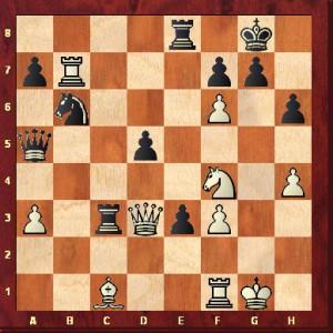 Bronstein contre Efim Geller en 1960. Les Blancs ont une forte attaque avec la Tour b7, le pion f6 et le Cavalier f4. Leur Dame est pourtant attaquée. Quel coup joue Bronstein pour forcer l'abandon immédiat d'Efim Geller ?