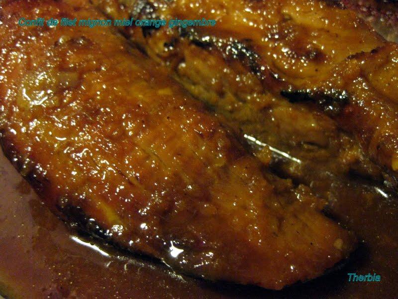 Confit de filet mignon, miel, orange et gingembre Confit de filet mignon, miel, orange et gingembre