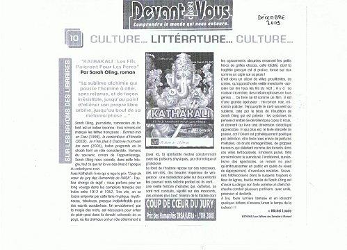 Article de M.Loude sur mon dernier roman article michel loude Kathakali décembre 2009