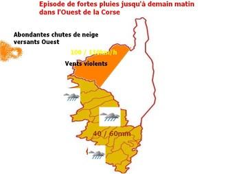 Episode de fortes pluies et vents forts jusqu'à demain matin dans l'Ouest de la Corse.