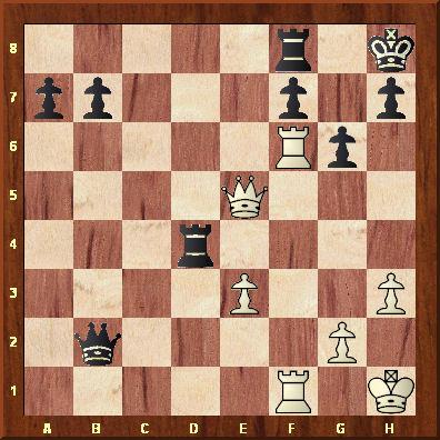 Position après le 31ème coup blanc. Les Blancs ont une forte attaque avec la menace de l'échec à la découverte de la Tour f6. Karpov ne trouve pas la solution dans le temps lui restant et perd la partie.