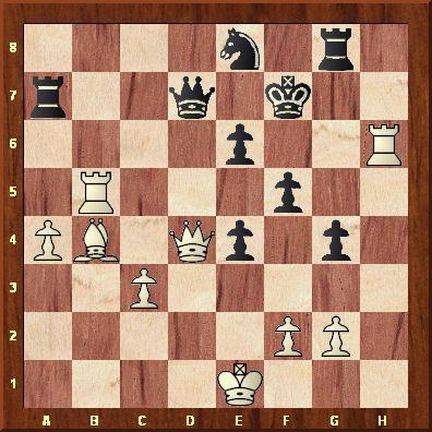 Position de la 18ème partie après 37 coups. Kasparov n'a plus que quelques secondes et ruine sa position gagnante en ne jouant pas Fc5 au coup d'après (il joue Th7+) et au coup suivant. Karpov s'en sort et finit même par l'emporter.