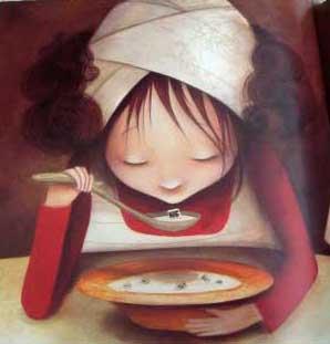 illustration de la grande fabrique de mots par l'illustratrice Valeria Docampo un chef d'oeuvre de la litterature jeunesse la petite fille mange sa soupe avec des mots à l'intérieur