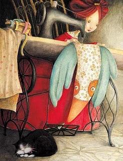 la princesse qui fait de la couture avec un chat en bas de la fileuse, par l'illustratrice valeria docampo