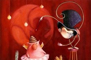 dans un cirque un petit singie qui fait un tour de magie avec un cochaon déguisé en oiseau par l'illustratrice Valéria Docampo