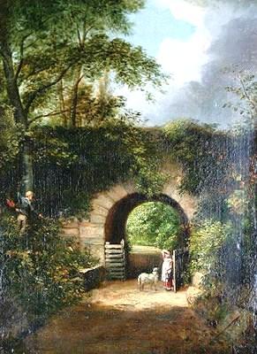 Les aquarellistes anglais du siècle d’or 1750-1850 – 6ème partie Paul Sandby – Francis Towne – Cornelius Varley – John Varley – William Wells wells-girl-with-a-lamb-on-a-country-lane-by-an-archway-with-two-young-boys-climbing-a-tree.1259948509.jpg