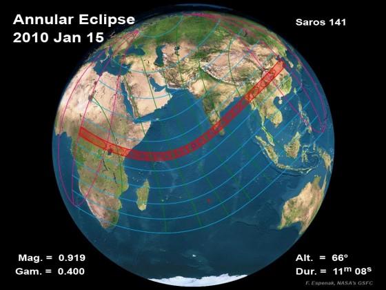 EclipseAnnulaire_10janv2010 Carte des zones de visibilité de l'éclipse annulaire du Soleil