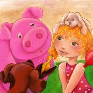 Illustration jeunesse qui cherche son texte une petite fille qui regarde un poussin dans la patte d'un cochon qui tient un ballon dans son bec