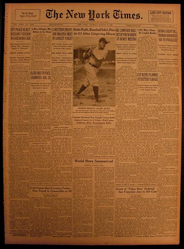 babe-ruth-dies-New York Times La Une du New York Times annonçant le décès de Babe Ruth.