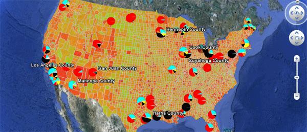 Carte des émissions de CO2 avec Google Earth du projet Vulcan