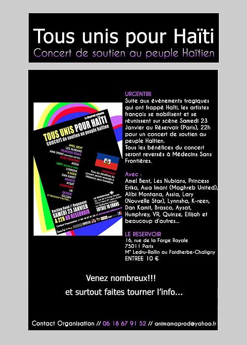 Tous Unis Pour Haïti : concert de soutien de la scène Hip Hop, Soul, R&B; française,  samedi 23 janvier au Réservoir (Paris)