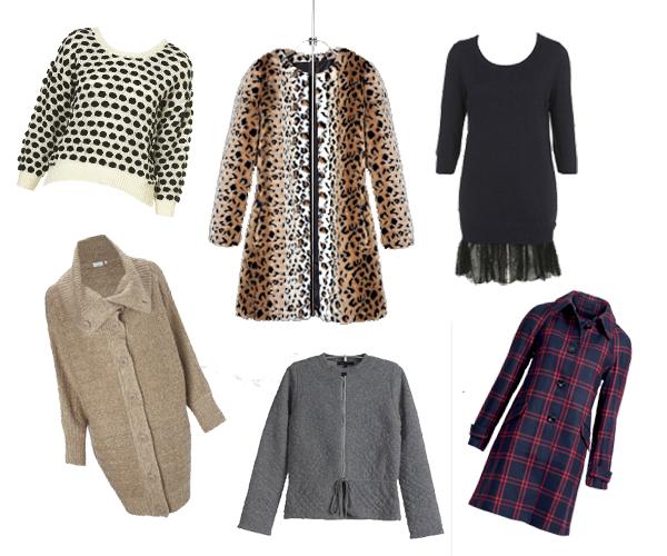 Comment rester glamour par temps froid? Comment rester glamour par temps froid? Pull à pois Topshop, cardigan beige New Look, manteau en léopard Zara, gilet gris Maje, robe en maille et dentelle Topshop, manteau à carreaux H&M.