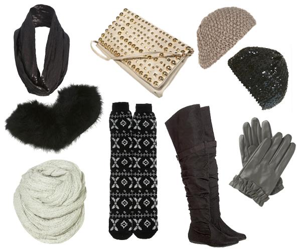 Comment rester glamour par temps froid? Comment rester glamour par temps froid? Snood à sequins New Look, écharpe en fausse fourrure Topshop, snod en laine Topshop, pochettes à clous Topshop, cuissardes Etam, chaussettes de ski Topshop, gants en cuir gris New Look, bonnet à sequins et bonnet en crochet taupe Topshop.