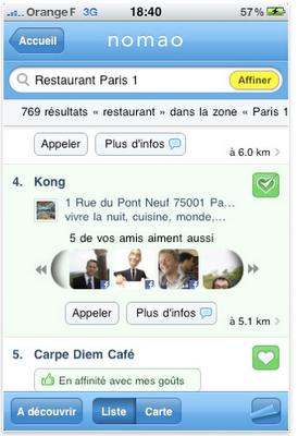 Nomao sur iPhone : moteur de recherche géolocalisé & social en réalité augmentée Nomao sur iPhone : moteur de recherche géolocalisé & social en réalité augmentée