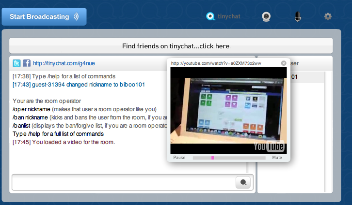 tinychat youtube TinyChat intègre EtherPad, un tableau blanc et YouTube  