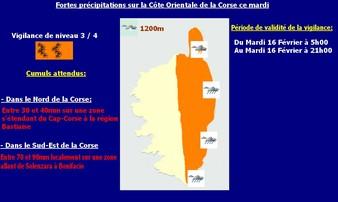 Vigilance orange au niveau local pour ce mardi: Fortes pluies sur la Côte Orientale de la Corse.