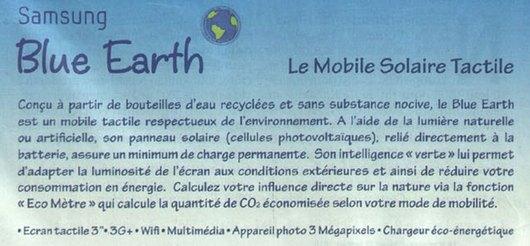 Texte de la publicité du mobile Samsung Blue Earth