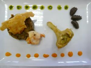 P1080289 Légumes ensoleillés, gambas sautées et tuile de parmesan